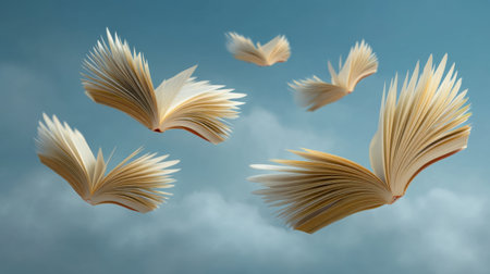 A captivating image of flying books against a serene sky, embodying the essence of imagination and the joy of reading. A visual metaphor for freedom and knowledge.の素材