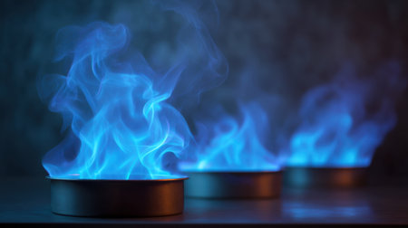 Captivating blue flames rise gracefully from metallic containers, creating an enchanting visual experience. Ideal for artistic projects, designs, and creative concepts.の素材