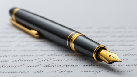 A close-up view of an elegant black fountain pen featuring gold accents, resting on a vintage letter. Ideal for showcasing writing tools and artistic expression.の素材