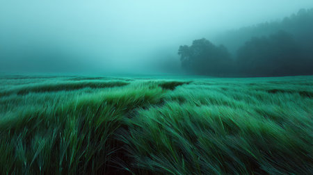 A serene landscape featuring a lush green grass field enveloped in soft mist at dawn, creating a tranquil and atmospheric vibe. Ideal for nature lovers.の素材
