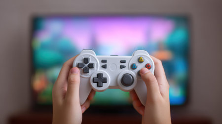 A close-up view of hands gripping a game controller, with bright, engaging video game visuals displayed on a television screen in a cozy living room setting.の素材