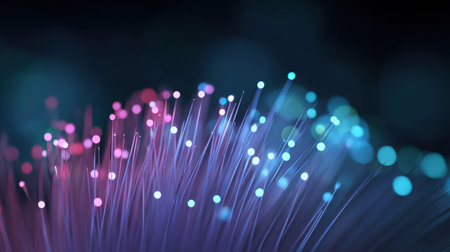 Vivid fiber optic strands illuminated with colorful dots create a captivating visual display, symbolizing technology, connectivity, and digital innovation.の素材