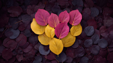 This stunning composition features colorful autumn leaves arranged in a heart shape against a deep purple background, reflecting nature's beauty and seasonal change.の素材