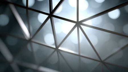 This abstract image captures light reflections through a triangular metal framework, offering a modern aesthetic with a soft bokeh background perfect for creative projects.の素材
