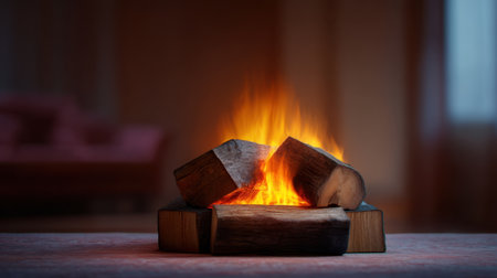 A serene indoor scene showcasing a bright fire burning in a modern fireplace, surrounded by logs. This image captures warmth and comfort, perfect for evoking relaxation.の素材