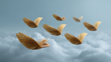 A dreamy visual representation of open books transformed into wings, flying through soft clouds, symbolizing the liberation that comes through knowledge and imagination.の素材