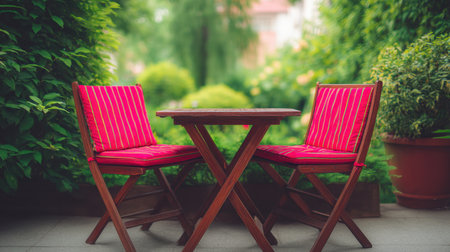 Discover a charming outdoor seating area featuring two vibrant chairs and a table surrounded by lush greenery, perfect for enjoying peaceful moments or outdoor gatherings.の素材