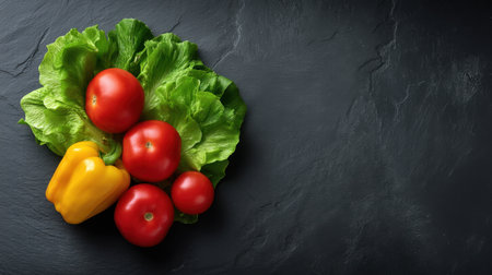 A stunning arrangement of fresh vegetables including lettuce, red tomatoes, and a yellow bell pepper on a dark slate background, perfect for promoting healthy eating.の素材