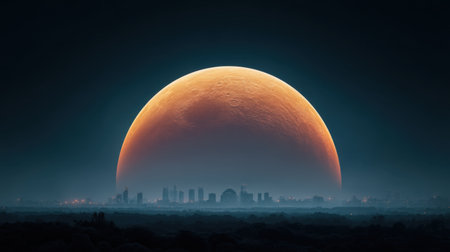 A surreal representation of a vibrant orange moon looming over an urban skyline, creating a mystical and tranquil atmosphere during twilight, showcasing nature's artistry.の素材