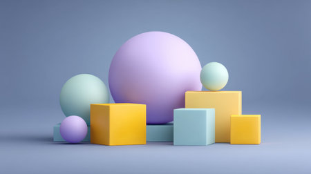 This image showcases a vibrant arrangement of geometric shapes, including cubes and spheres in soft pastel tones on a subtle background, ideal for design inspiration.の素材