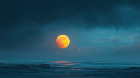 An enchanting view of the ocean at dusk, with a bright moon illuminating the tranquil water beneath heavy clouds, creating a serene and atmospheric landscape.の素材