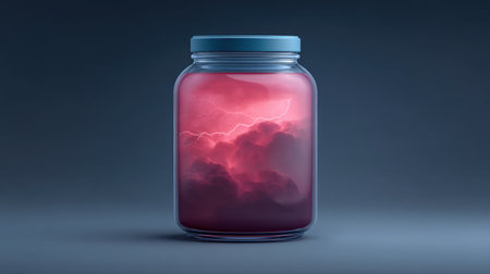 Discover a stunning visual of a jar filled with stormy clouds and lightning in a vibrant pink tone. Perfect for creative projects and artistic expression.の素材