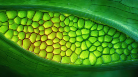 Discover the fascinating details of a green leaf's cellular structure in this close-up image, showcasing the vibrant colors and intricate patterns found in nature.の素材