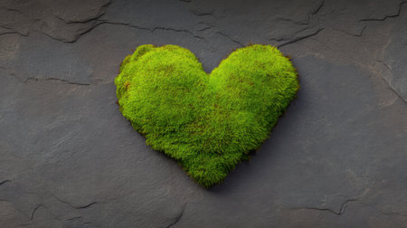 This captivating image features a heart-shaped moss formation on a rugged stone background, symbolizing love for nature and a commitment to environmental wellness.の素材