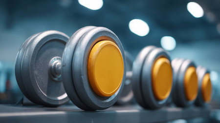 This image features colorful dumbbells organized neatly on a gym rack with a softly blurred background, highlighting fitness and workout equipment for active lifestyles.の素材
