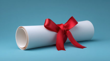 A beautifully designed rolled diploma tied with a vibrant red ribbon, set against a calming blue background. Ideal for conveying achievement and celebration themes.の素材