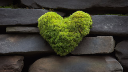 A captivating heart-shaped patch of green moss rests against a textured stone wall, embodying love for nature and promoting eco-friendly aesthetics in serene environments.の素材