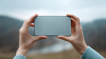 A person holds a smartphone with a blank screen against a serene landscape, highlighting tranquility and connection with nature. Ideal for technology and outdoor themes.の素材