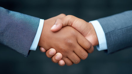 A close-up image capturing a handshake between two professionals, symbolizing trust and collaboration in a diverse business environment, highlighting teamwork and agreement.の素材