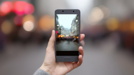 A hand holds a smartphone featuring a blurred city backdrop with lights, capturing the lively essence of urban life during dusk and inviting exploration.の素材