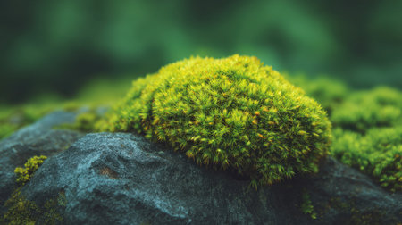 A vivid close-up of lush green moss thriving on a rock, showcasing intricate textures and vibrant colors, set against a serene forest background, perfect for nature enthusiasts.の素材