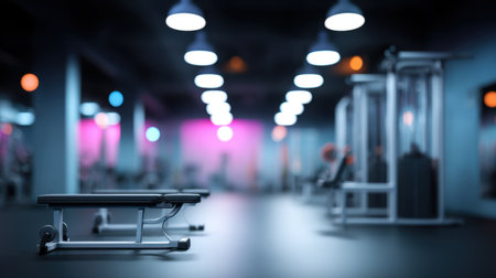 This image features a modern gym interior designed for fitness enthusiasts. Ambient lighting creates a vibrant atmosphere, perfect for intense workouts and training sessions.の素材