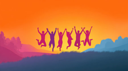 A vibrant silhouette of a joyful group jumping against a colorful sunset sky, embodying celebration and togetherness in a scenic landscape filled with happiness.の素材