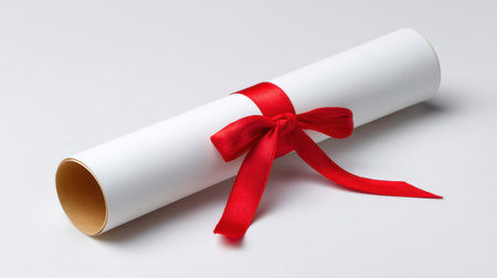 A beautifully crafted diploma roll, tied with a vibrant red ribbon, sits elegantly against a clean white background, symbolizing educational achievement and success.の素材