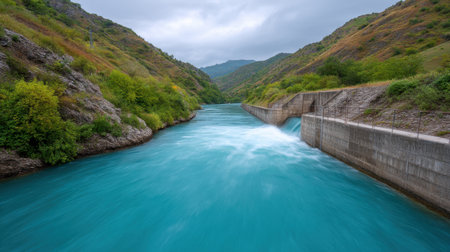 A tranquil river meanders through verdant hills under a cloudy sky, evoking peace and serenity in this breathtaking natural setting. Ideal for nature lovers.の素材