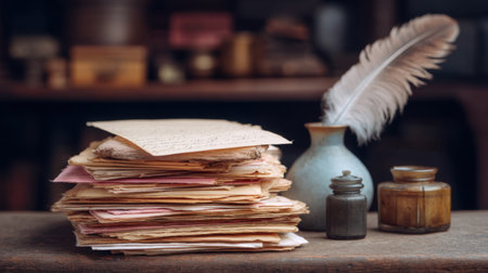 A nostalgic view of vintage letters stacked on a wooden table, accompanied by a feather quill and ink bottles, evoking a sense of history and personal stories.の素材