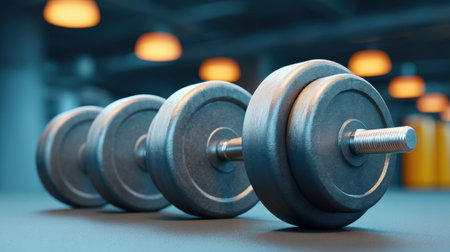 A close-up view of modern dumbbells arranged neatly on a workout surface in a bright fitness center. This image captures the essence of strength training and motivation.の素材