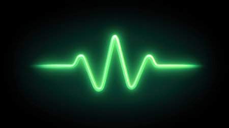 Futuristic green neon heartbeat line on a dark background symbolizes health and technology, capturing the essence of medical monitoring and wellness concept.の素材