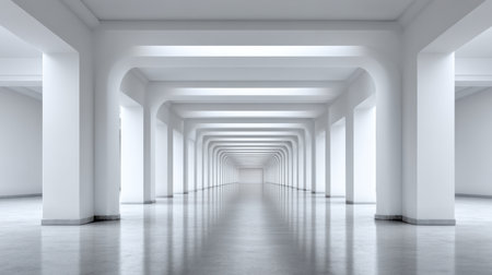 This image features a spacious and modern interior showcasing minimalist design with bright arches and white walls, creating a tranquil and elegant atmosphere.の素材