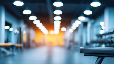 A modern gym interior featuring a blurred background and warm lighting. The image creates an inspiring atmosphere for fitness enthusiasts aiming to achieve their goals.の素材