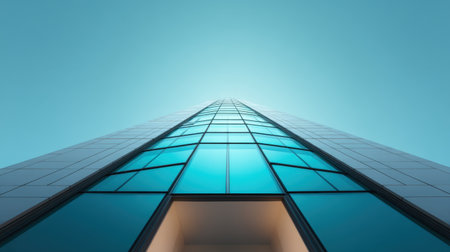 This striking image captures a modern high-rise skyscraper from a ground perspective, showcasing a sleek glass facade against a clear blue sky, emphasizing urban elegance.の素材