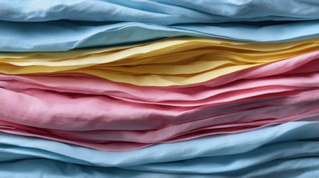 This image showcases colorful layers of soft fabric in blue, yellow, and pink, perfect for creative design projects or as a vibrant background in artistic photography.の素材