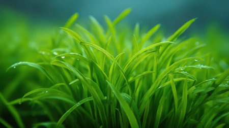 A close-up view of fresh green grass with dew drops, capturing the essence of nature's beauty. Perfect for themes of tranquility, growth, and vitality in photography.の素材