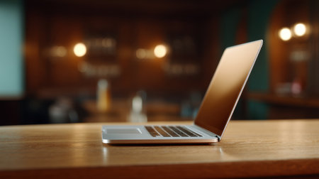 A sleek laptop sits elegantly on a wooden table in a cozy cafe, embodying a perfect blend of modern technology and warm ambiance ideal for productivity and relaxation.の素材
