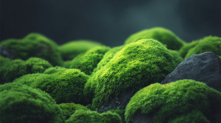 Close-up view of vibrant green moss covering smooth rocks, showcasing the beauty of nature with soft lighting. An ideal representation of tranquility and organic growth.の素材