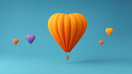 A vibrant heart-shaped hot air balloon rises against a bright blue sky, surrounded by smaller colorful balloons. This playful illustration evokes feelings of love and celebration.の素材
