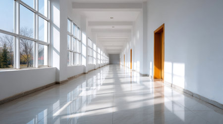 A bright and spacious hallway featuring large windows that allow plenty of natural light, showcasing a minimalist design with clean lines and polished floor reflections.の素材