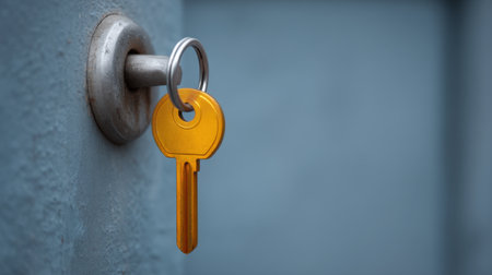 A close-up view of a vibrant yellow key inserted in a keyhole on a textured blue wall. This image represents concepts of security, access, and unlocking new opportunities.の素材