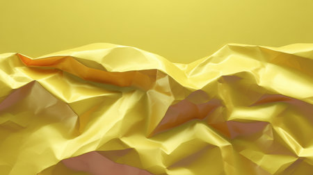 Vibrant yellow crumpled paper creates a stunning textured backdrop ideal for artistic projects, creative presentations, and minimalistic designs, offering unique visual appeal.の素材