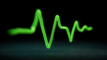 Abstract illustration of a green pulse line against a black background, symbolizing vital signs and medical concepts. Ideal for health, technology, or creative projects.の素材