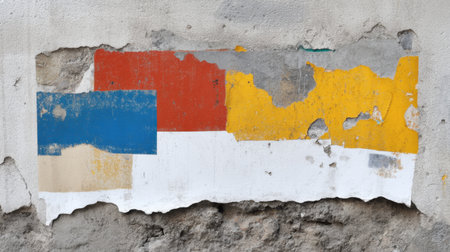 This image features an abstract texture of peeling paint on a weathered concrete wall, showcasing vibrant colors that create an artistic and unique visual effect.の素材