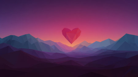 This stunning geometric heart hovers over a serene mountain landscape at sunset, radiating shades of purple and pink, creating a romantic and tranquil atmosphere.の素材