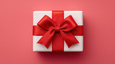 A beautifully wrapped white gift box adorned with a bright red bow, set against a soft pink background. Ideal for showcasing themes of celebration and joy.の素材