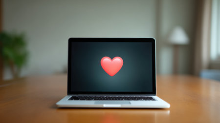 A sleek laptop displays a vibrant heart emoji on its screen, symbolizing love and connection in a stylish modern workspace filled with natural light.の素材
