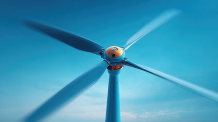 Dynamic image of a wind turbine against a bright blue sky, showcasing the blades in motion, symbolizing renewable energy and modern technology in harmony with nature.の素材