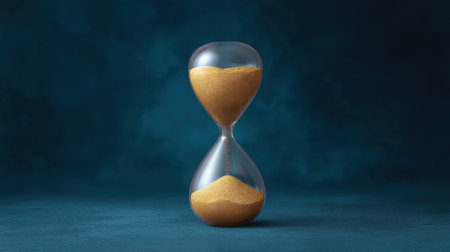 This image features a classic glass hourglass filled with golden sand, elegantly portrayed against a rich dark blue background, symbolizing time and life's fleeting moments.の素材